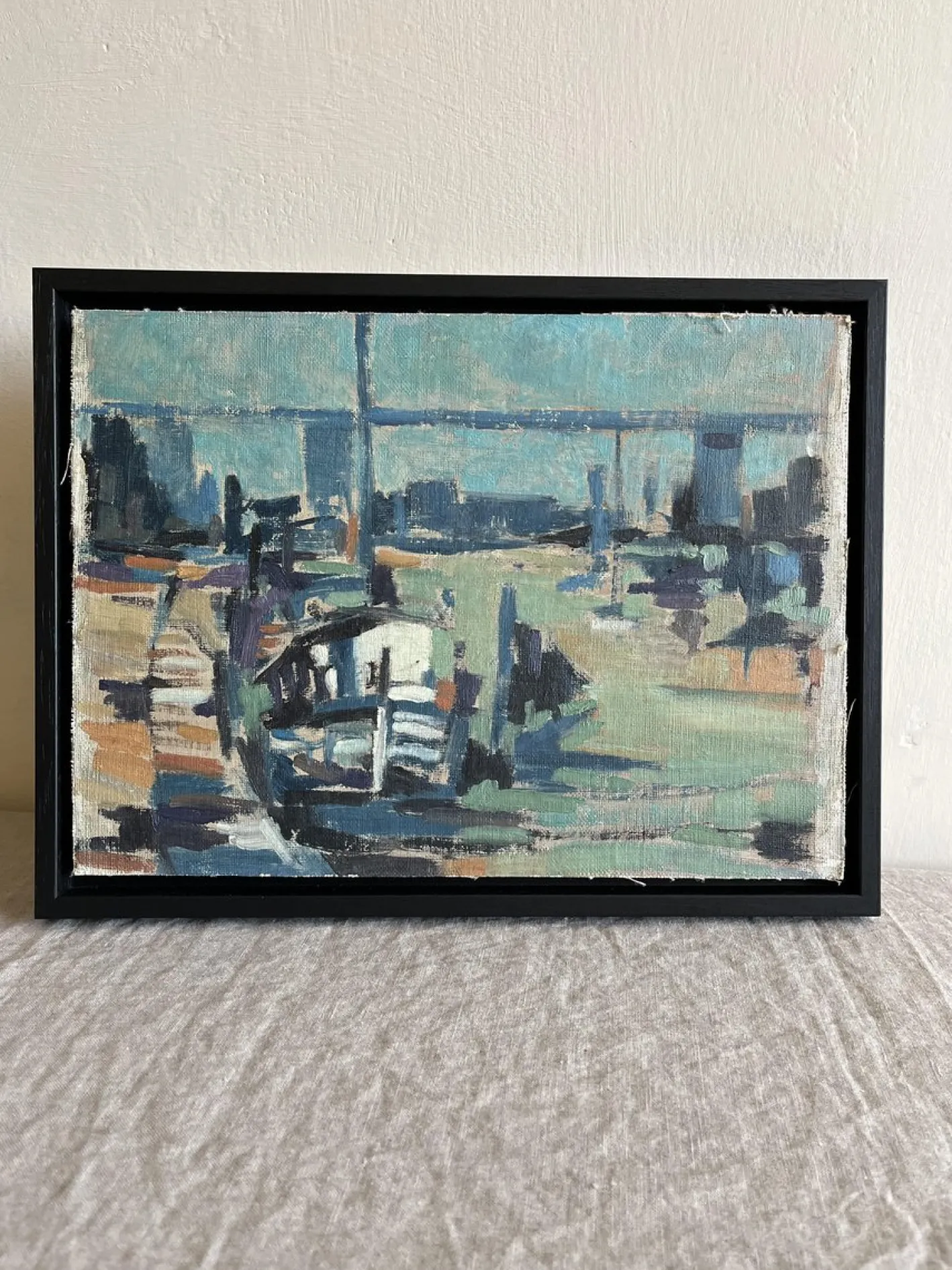 Hafen, 1960er, Ölgemälde an Bord, gerahmt
