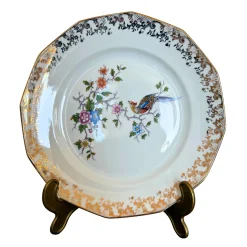 Handdekorierte Porzellan-Dessertteller mit Vogel- und Blumenmotiv und vergoldeter Verzierung aus Limoges, 1930, 6er-Set