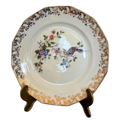 Handdekorierte Porzellan-Dessertteller mit Vogel- und Blumenmotiv und vergoldeter Verzierung aus Limoges, 1930, 6er-Set