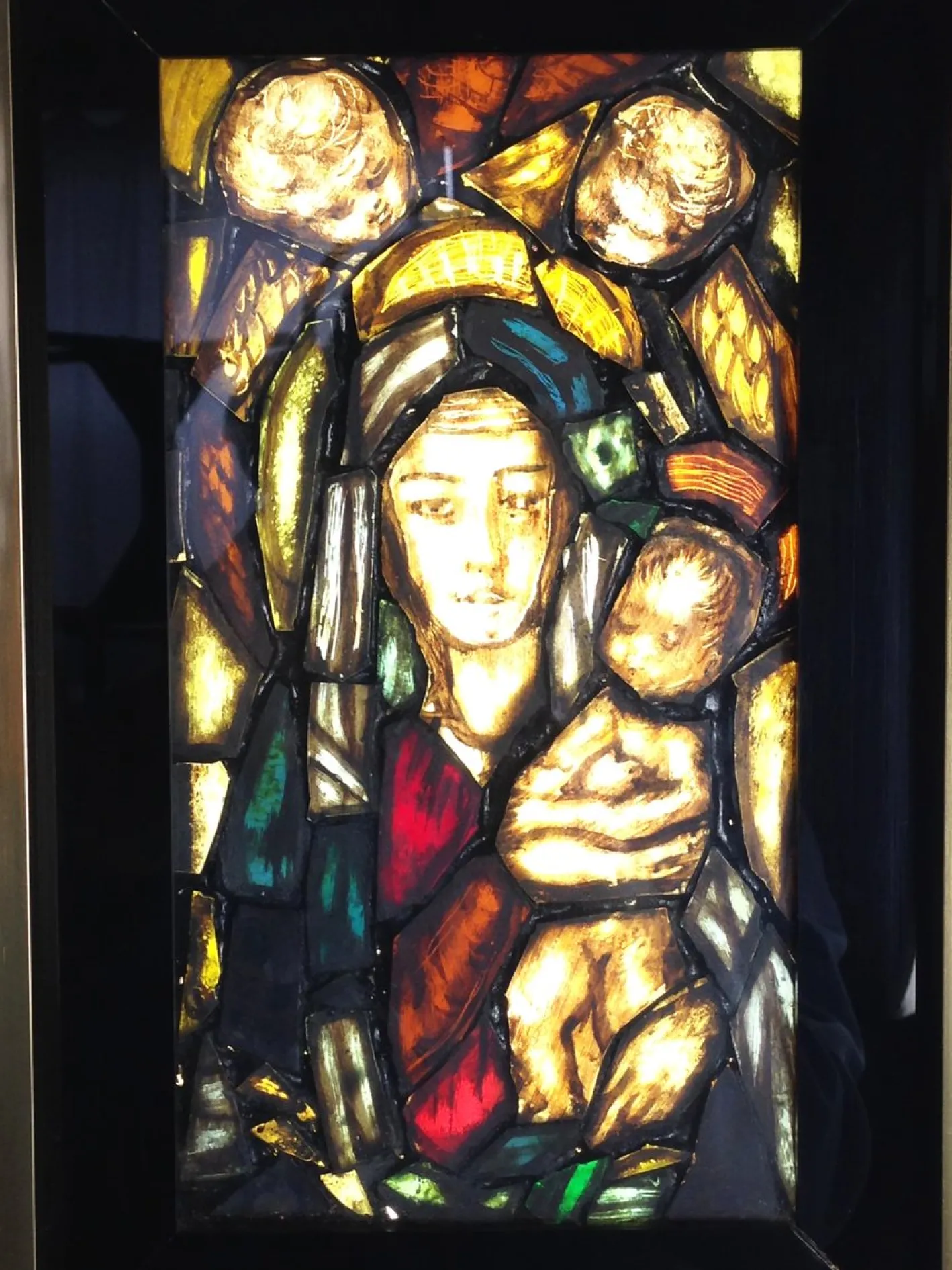 Handgefertigtes Italienisches Künstlerisches Fenster mit Hintergrundbeleuchtung, Madonna, Kind & Engeln, 1960er