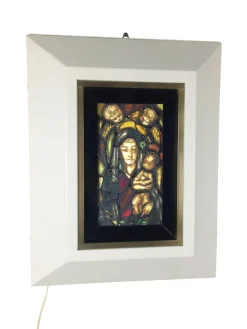 Handgefertigtes Italienisches Künstlerisches Fenster mit Hintergrundbeleuchtung, Madonna, Kind & Engeln, 1960er
