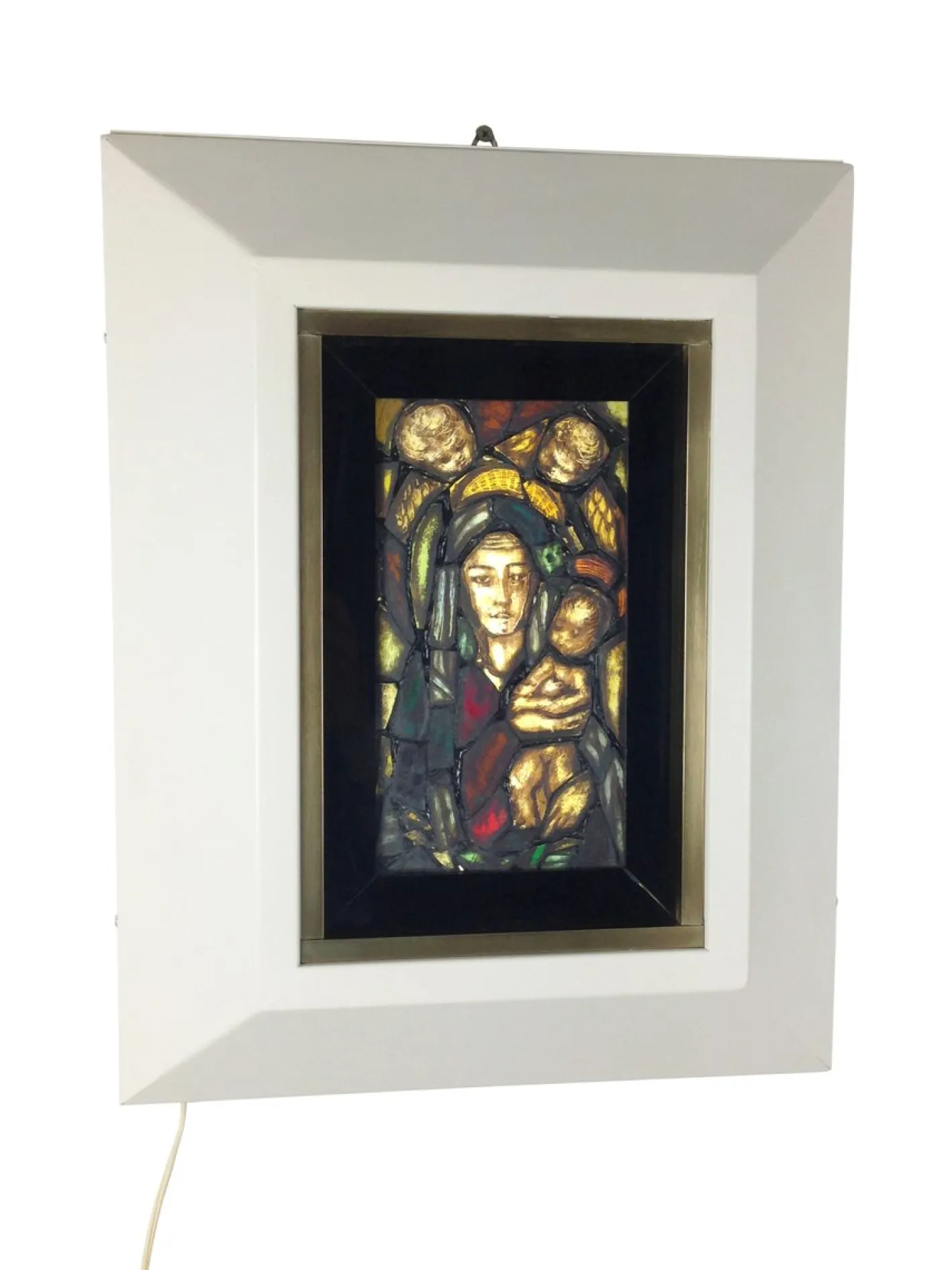 Handgefertigtes Italienisches Künstlerisches Fenster mit Hintergrundbeleuchtung, Madonna, Kind & Engeln, 1960er