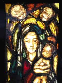 Handgefertigtes Italienisches Künstlerisches Fenster mit Hintergrundbeleuchtung, Madonna, Kind & Engeln, 1960er