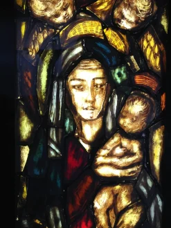 Handgefertigtes Italienisches Künstlerisches Fenster mit Hintergrundbeleuchtung, Madonna, Kind & Engeln, 1960er