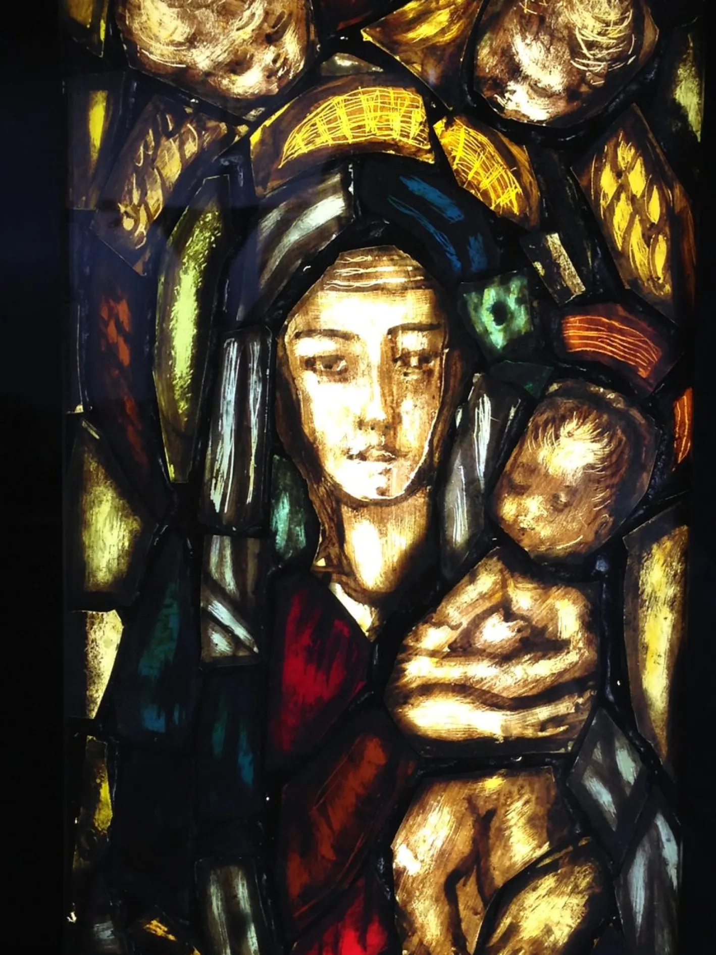 Handgefertigtes Italienisches Künstlerisches Fenster mit Hintergrundbeleuchtung, Madonna, Kind & Engeln, 1960er