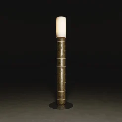 Handgefertigte Stehlampe aus Keramik mit zylindrischem Leinenschirm in polierter bernsteinfarbener Glasur von Svitanok