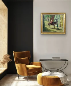 Harry Freckleton, Kinder mit ihrem Pony im Stall, 1960er, Öl auf Leinwand