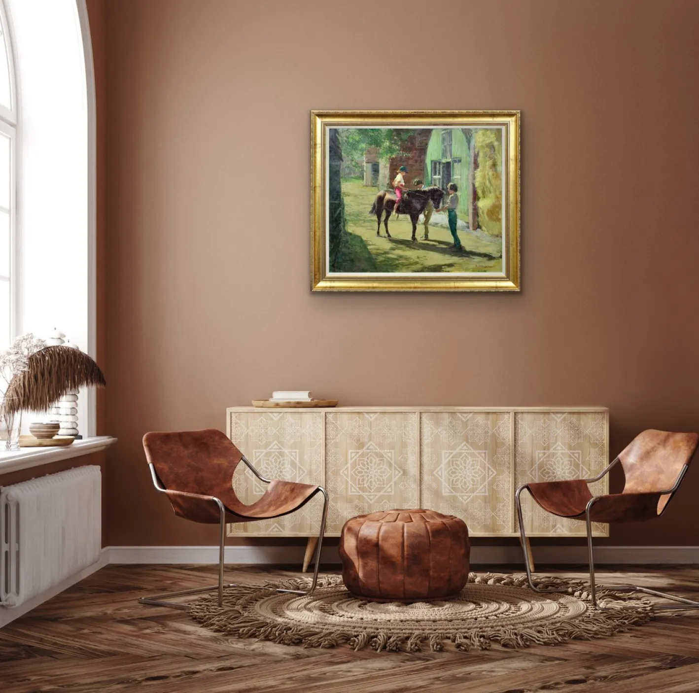 Harry Freckleton, Kinder mit ihrem Pony im Stall, 1960er, Öl auf Leinwand