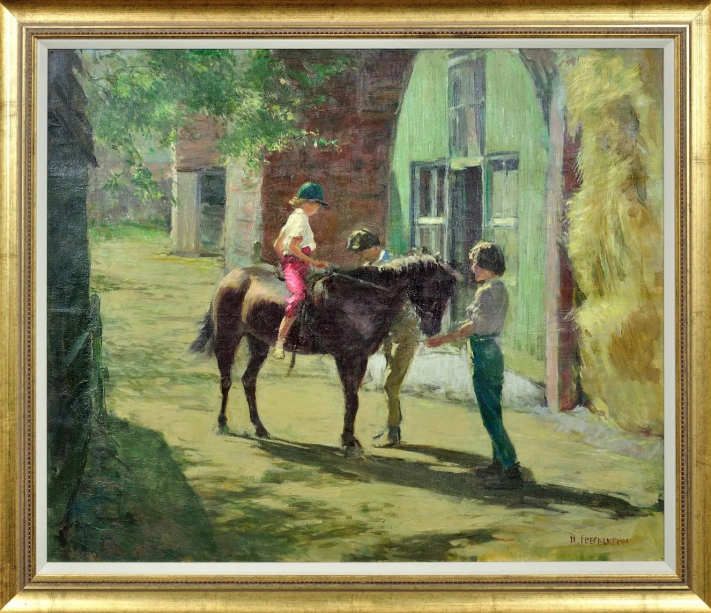 Harry Freckleton, Kinder mit ihrem Pony im Stall, 1960er, Öl auf Leinwand