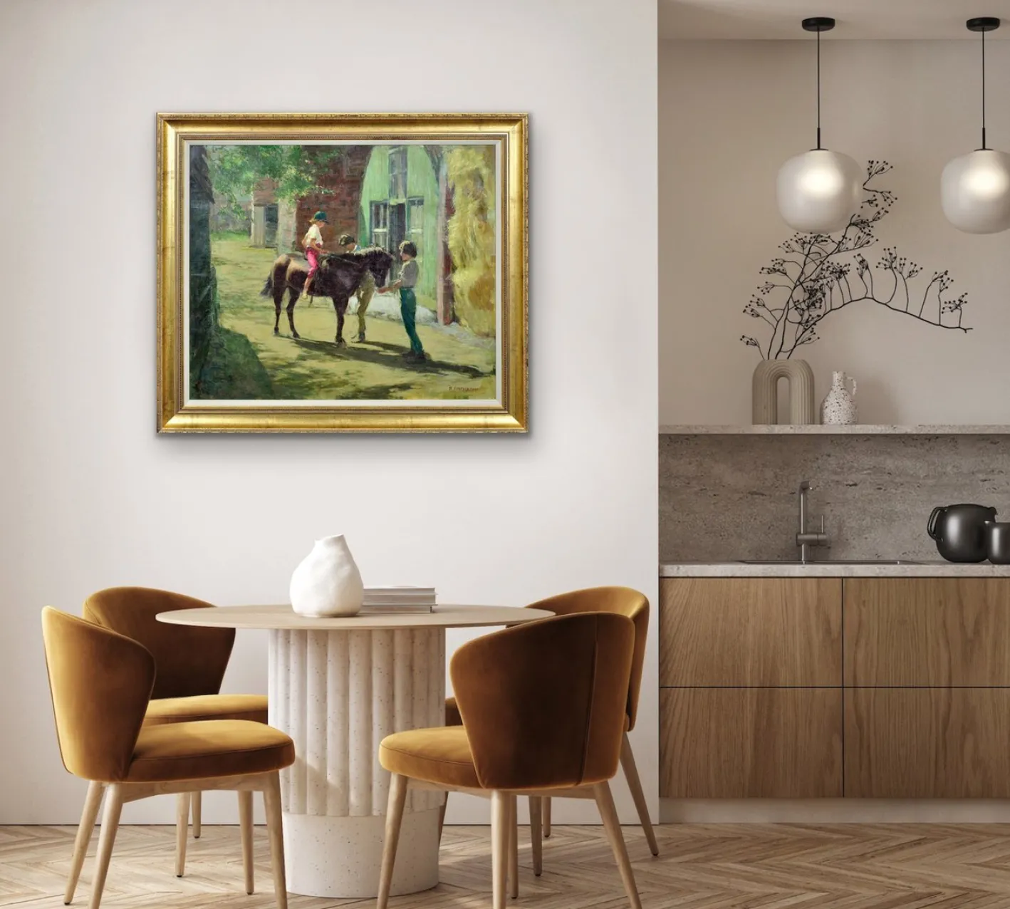Harry Freckleton, Kinder mit ihrem Pony im Stall, 1960er, Öl auf Leinwand