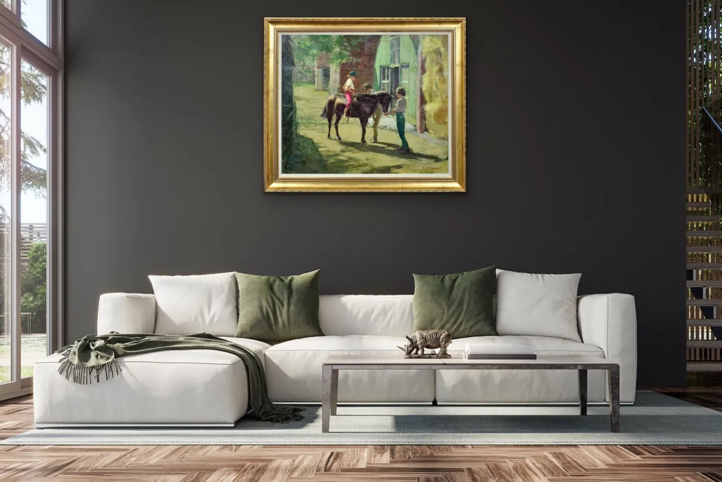 Harry Freckleton, Kinder mit ihrem Pony im Stall, 1960er, Öl auf Leinwand