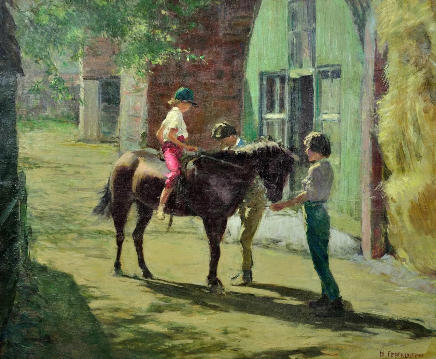 Harry Freckleton, Kinder mit ihrem Pony im Stall, 1960er, Öl auf Leinwand