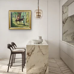 Harry Freckleton, Kinder mit ihrem Pony im Stall, 1960er, Öl auf Leinwand