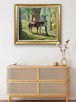 Harry Freckleton, Kinder mit ihrem Pony im Stall, 1960er, Öl auf Leinwand