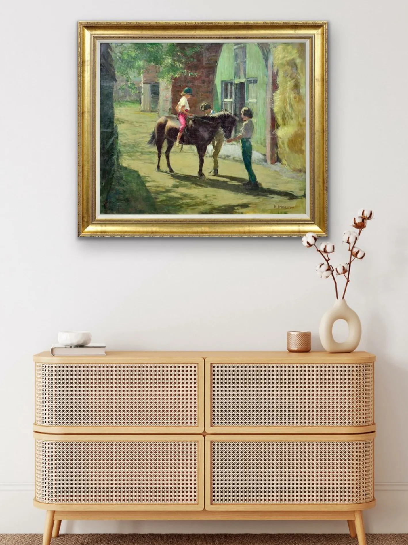 Harry Freckleton, Kinder mit ihrem Pony im Stall, 1960er, Öl auf Leinwand