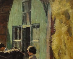 Harry Freckleton, Kinder mit ihrem Pony im Stall, 1960er, Öl auf Leinwand