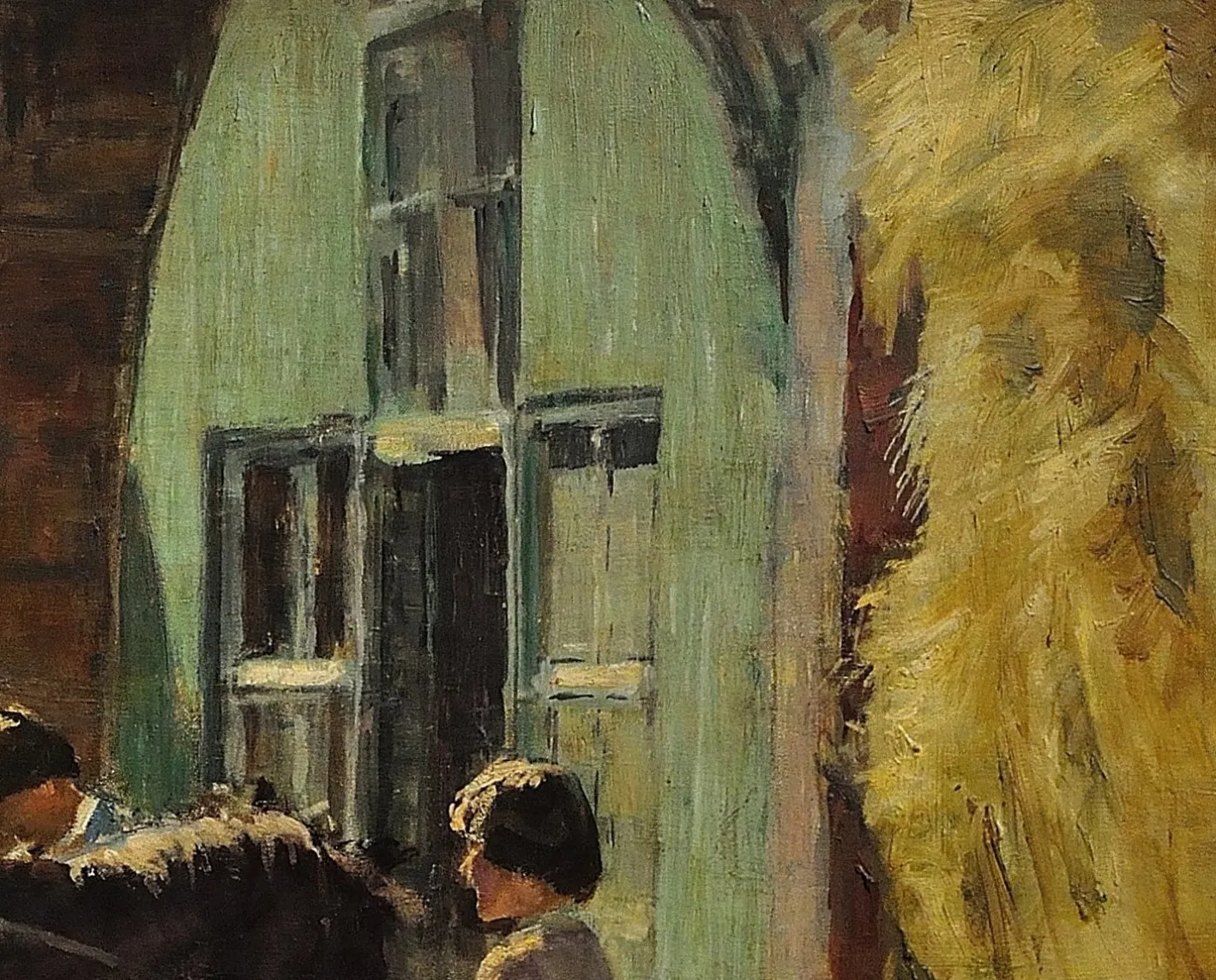 Harry Freckleton, Kinder mit ihrem Pony im Stall, 1960er, Öl auf Leinwand