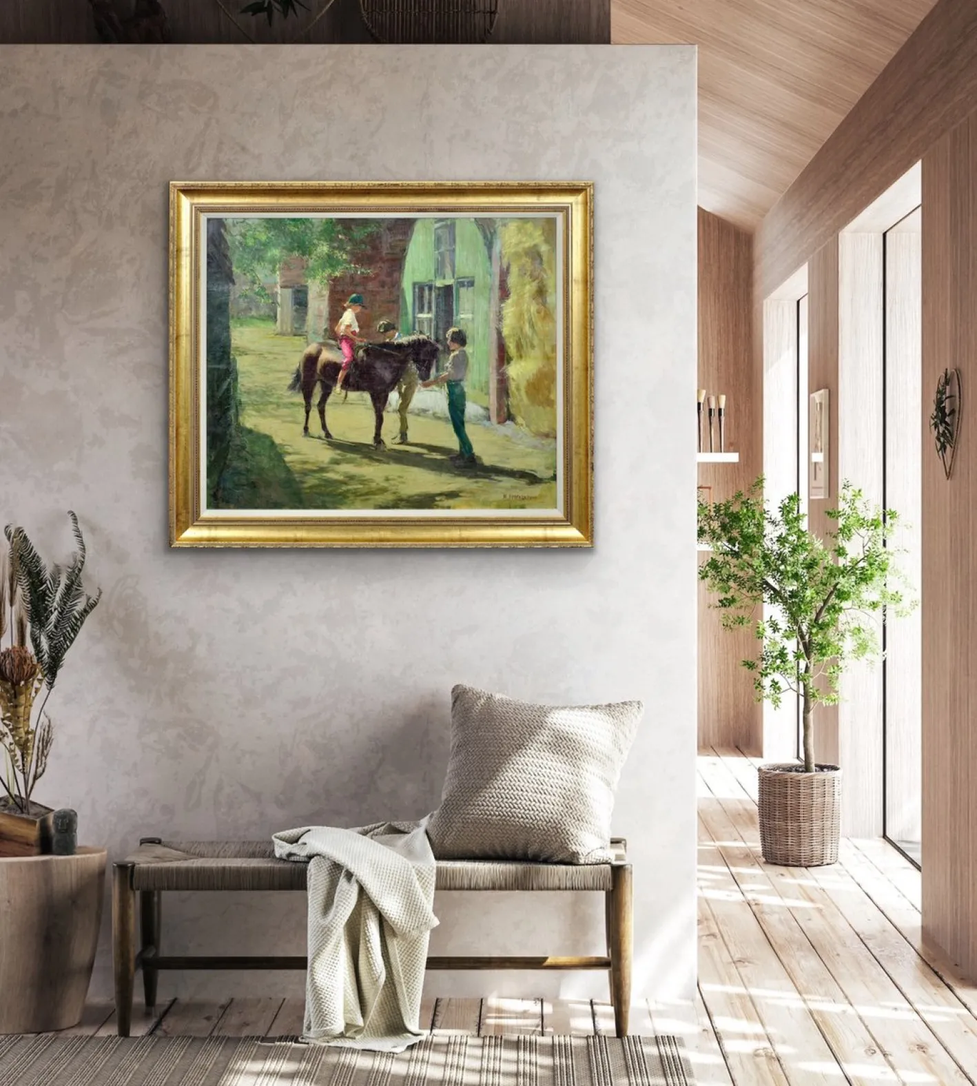 Harry Freckleton, Kinder mit ihrem Pony im Stall, 1960er, Öl auf Leinwand
