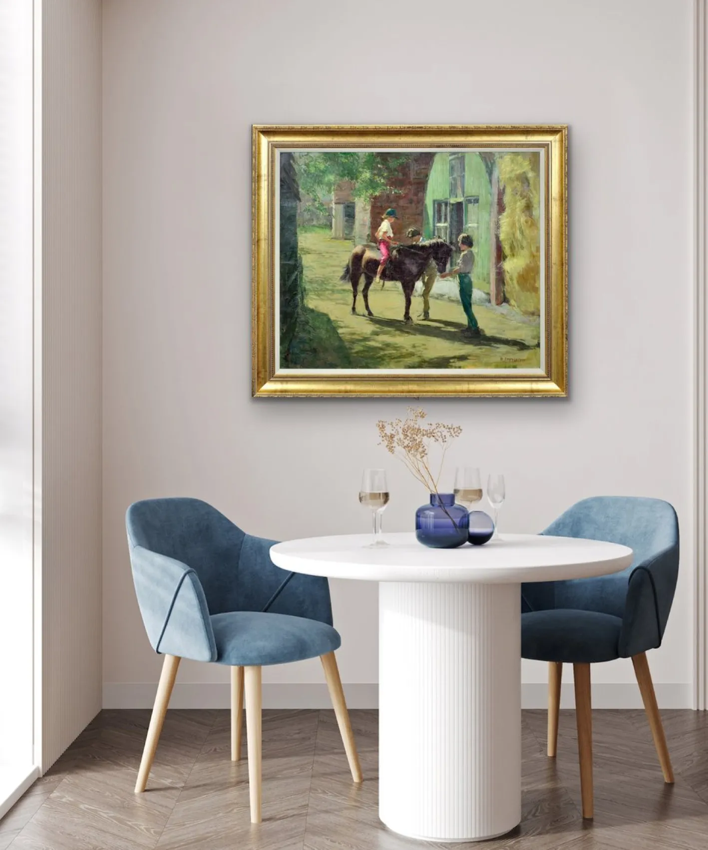 Harry Freckleton, Kinder mit ihrem Pony im Stall, 1960er, Öl auf Leinwand