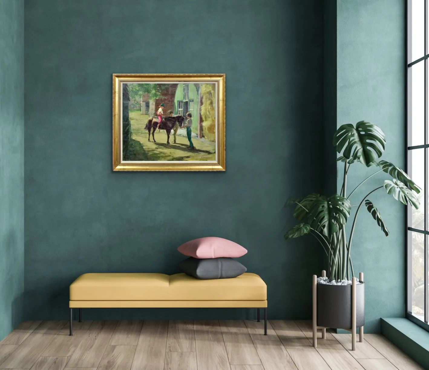Harry Freckleton, Kinder mit ihrem Pony im Stall, 1960er, Öl auf Leinwand