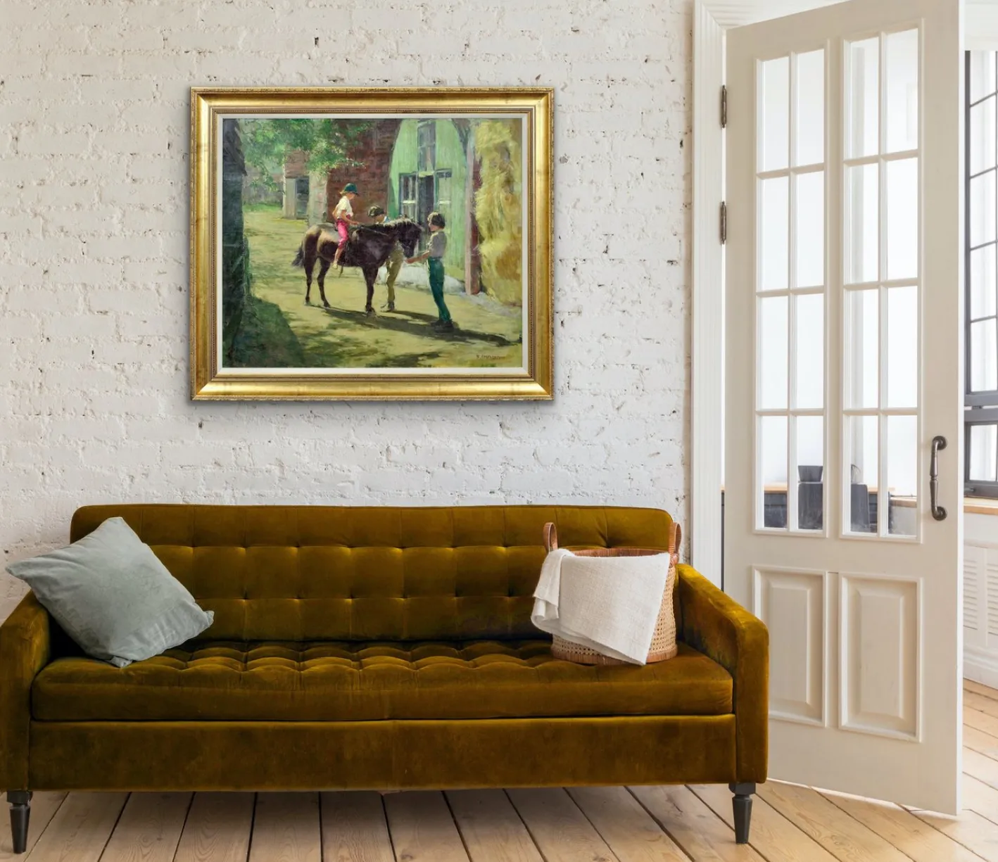 Harry Freckleton, Kinder mit ihrem Pony im Stall, 1960er, Öl auf Leinwand