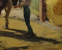 Harry Freckleton, Kinder mit ihrem Pony im Stall, 1960er, Öl auf Leinwand