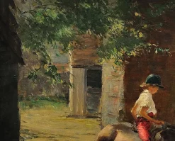 Harry Freckleton, Kinder mit ihrem Pony im Stall, 1960er, Öl auf Leinwand
