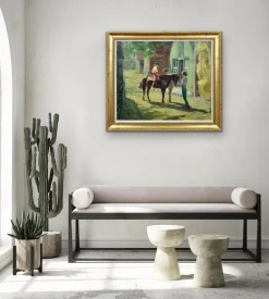 Harry Freckleton, Kinder mit ihrem Pony im Stall, 1960er, Öl auf Leinwand