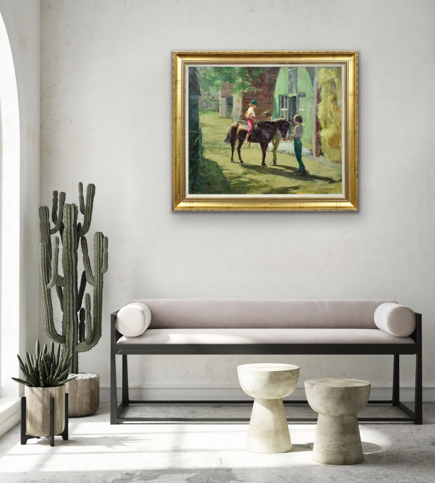 Harry Freckleton, Kinder mit ihrem Pony im Stall, 1960er, Öl auf Leinwand