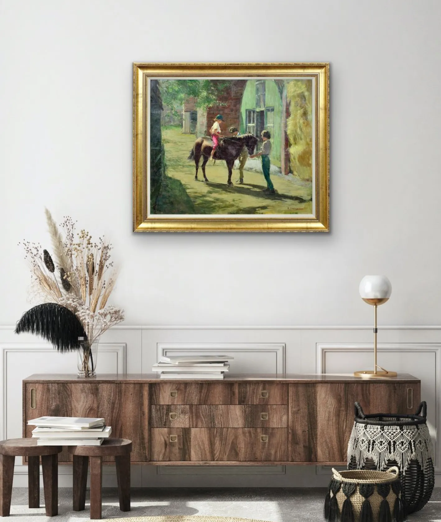 Harry Freckleton, Kinder mit ihrem Pony im Stall, 1960er, Öl auf Leinwand