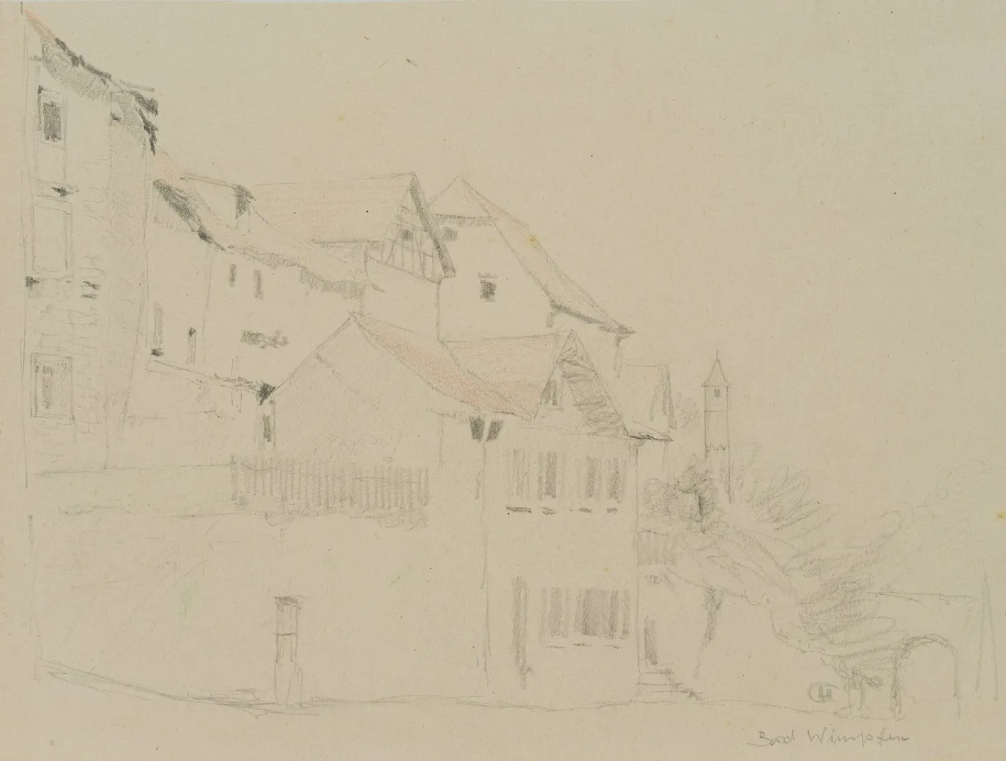 H. Christiansen, Häuser am Hang in Bad Wimpfen, 1922, Bleistift
