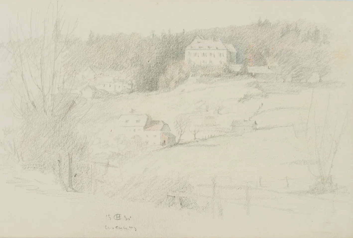 H. Christiansen, Landhausvillen am Hang, 1931, Bleistift