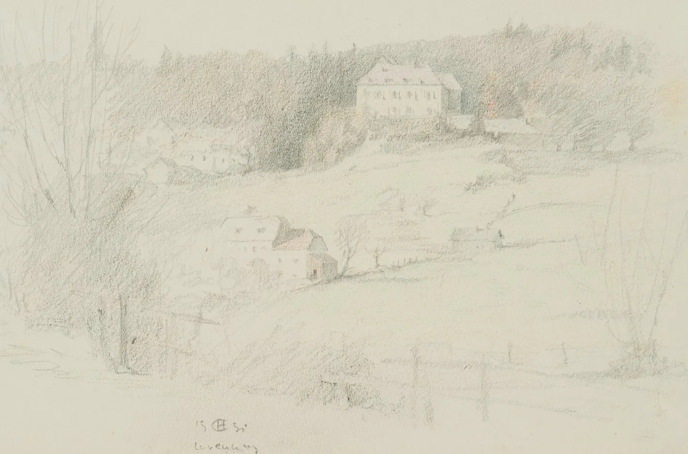 H. Christiansen, Landhausvillen am Hang, 1931, Bleistift