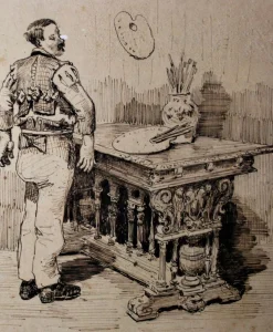Henri Pille, Atelier des Künstlers, 19. Jh., Tinte auf Papier