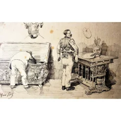 Henri Pille, Atelier des Künstlers, 19. Jh., Tinte auf Papier