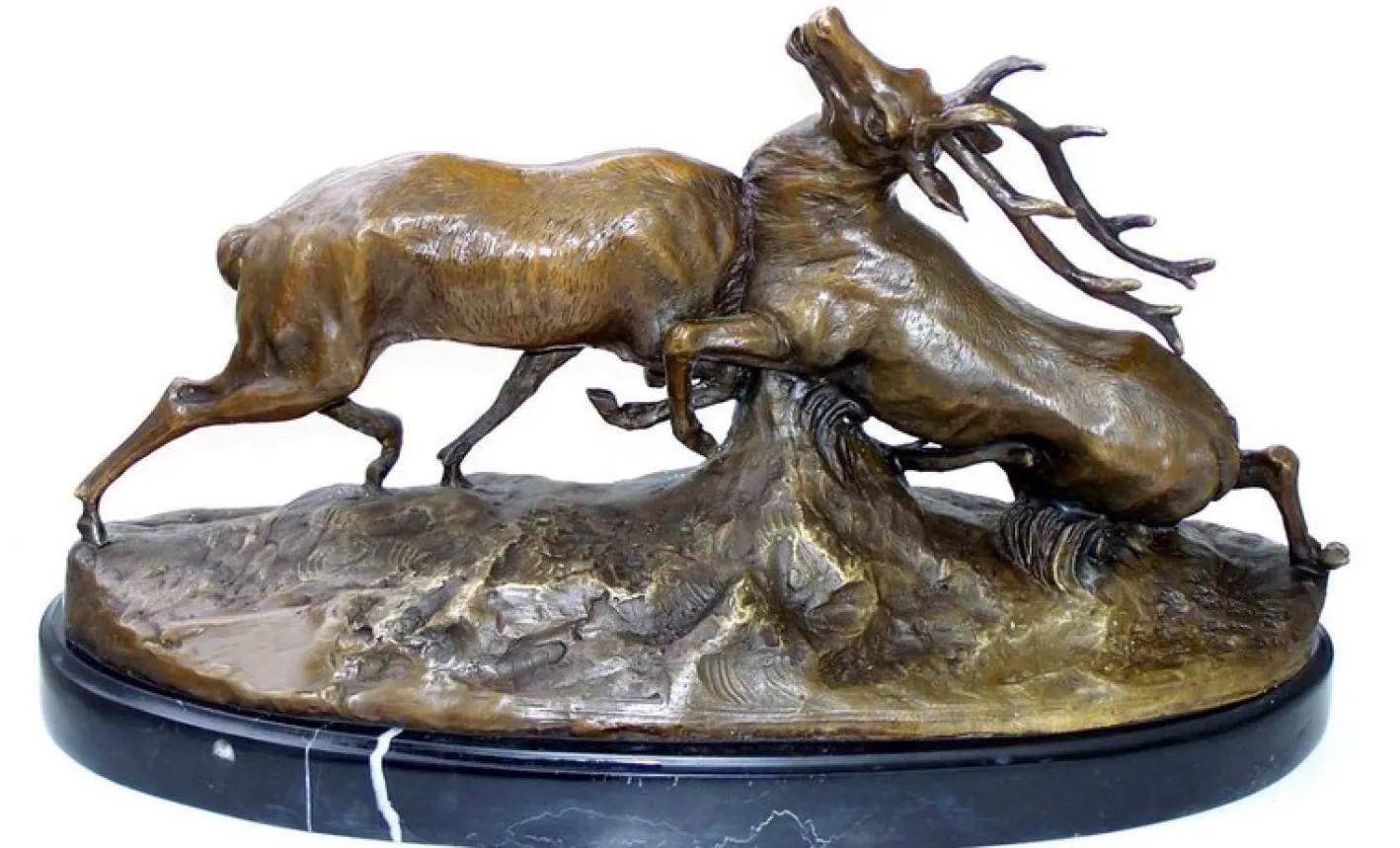 Hirschskulptur aus Bronze auf Marmorsockel, 20. Jh