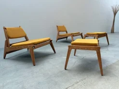 Hunting Sessel mit Fußhocker aus Eiche von Heinz Heger für PGH Annaberg Buchholz, 1960er, 4er Set