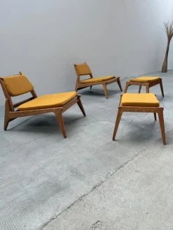 Hunting Sessel mit Fußhocker aus Eiche von Heinz Heger für PGH Annaberg Buchholz, 1960er, 4er Set