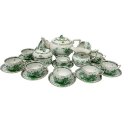 Indisches Porzellan Teeservice mit grünem Muster für 12 von Herend, Ungarn, 1930er, 27er Set