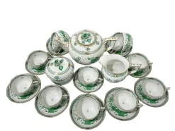 Indisches Porzellan Teeservice mit grünem Muster für 12 von Herend, Ungarn, 1930er, 27er Set