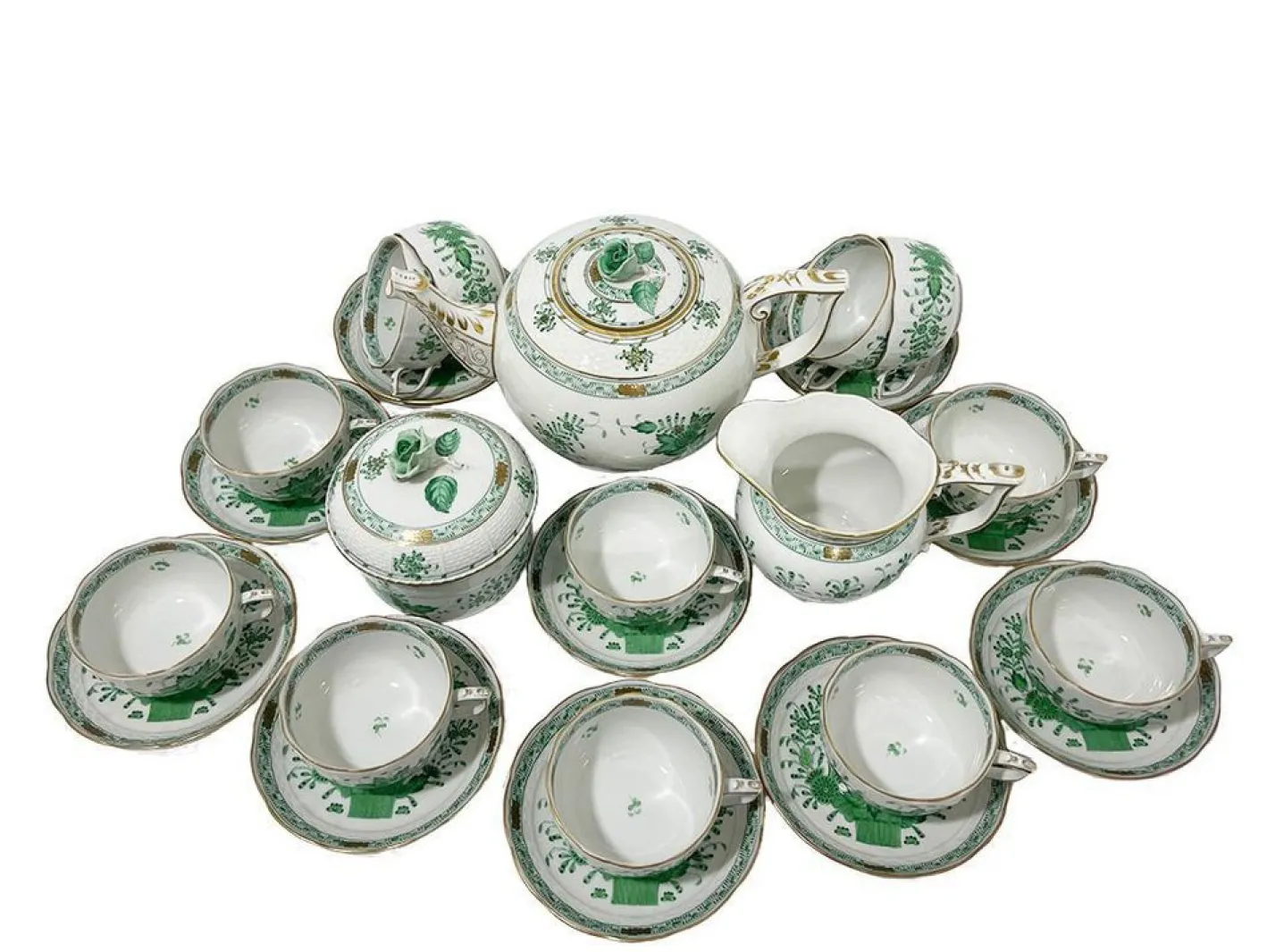 Indisches Porzellan Teeservice mit grünem Muster für 12 von Herend, Ungarn, 1930er, 27er Set