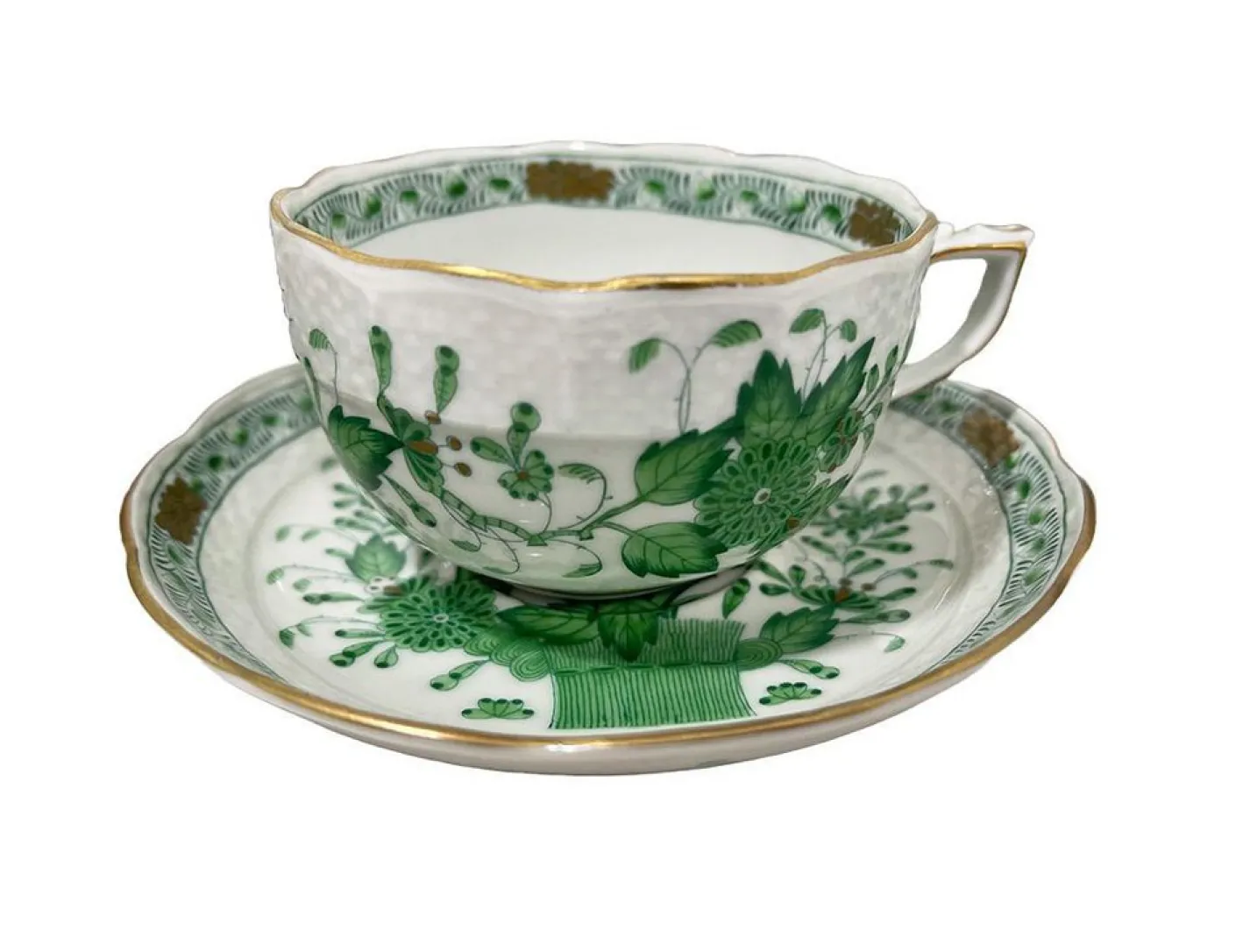 Indisches Porzellan Teeservice mit grünem Muster für 12 von Herend, Ungarn, 1930er, 27er Set
