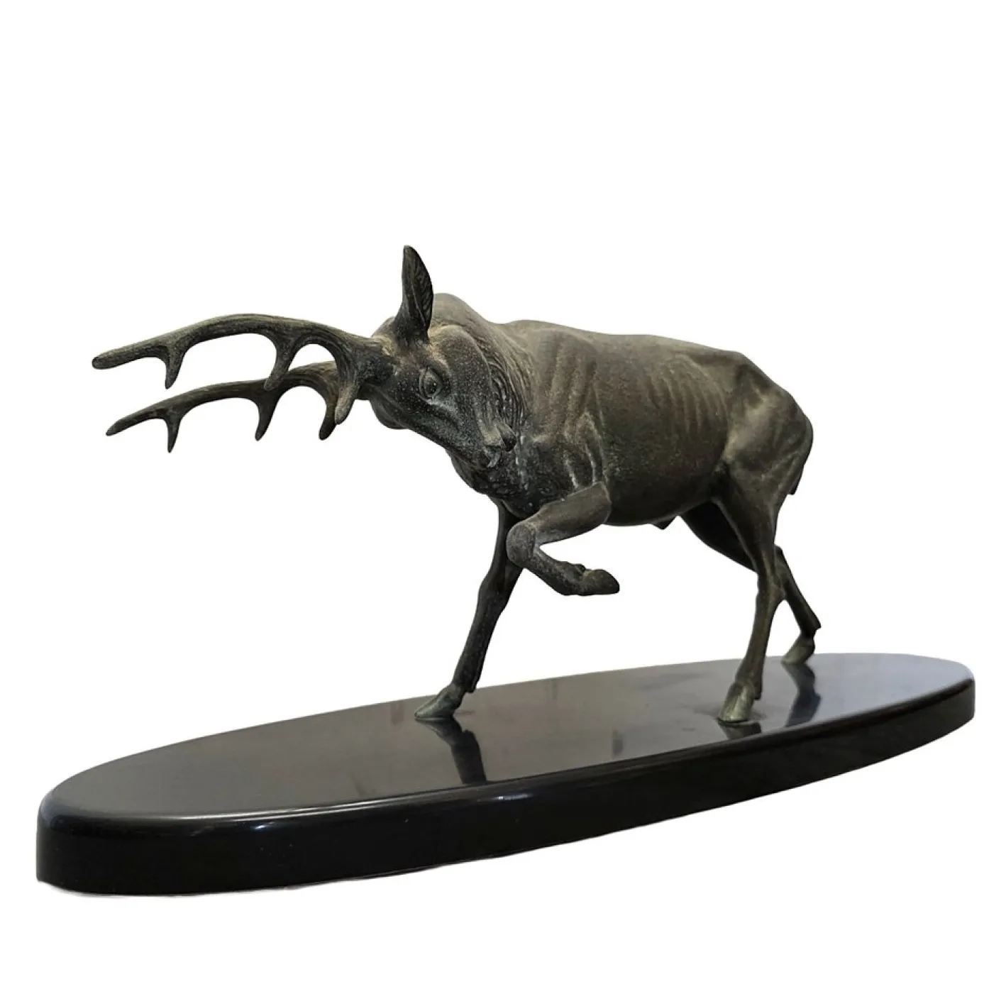 Irénée Rochard, Hirsch Skulptur auf Marmorsockel, 1920er, Metall und Marmor