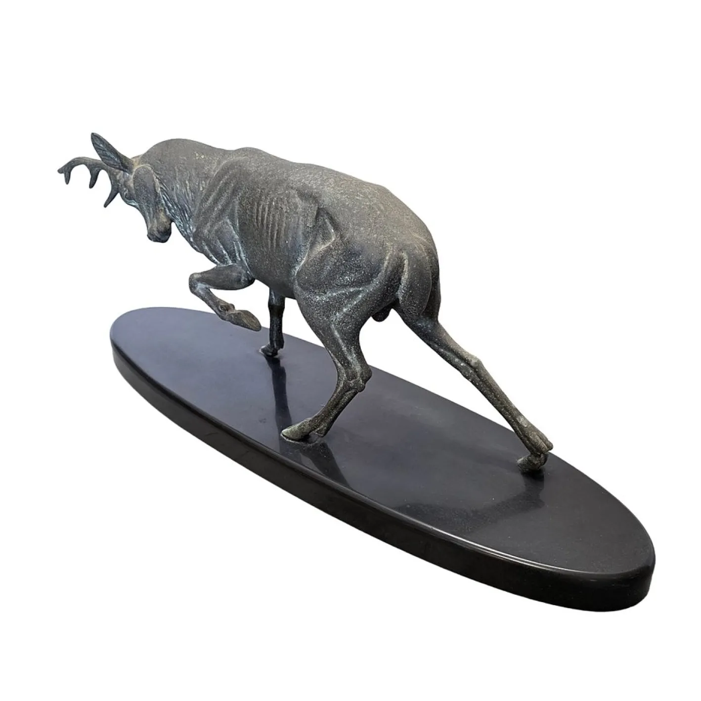 Irénée Rochard, Hirsch Skulptur auf Marmorsockel, 1920er, Metall und Marmor