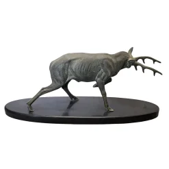 Irénée Rochard, Hirsch Skulptur auf Marmorsockel, 1920er, Metall und Marmor