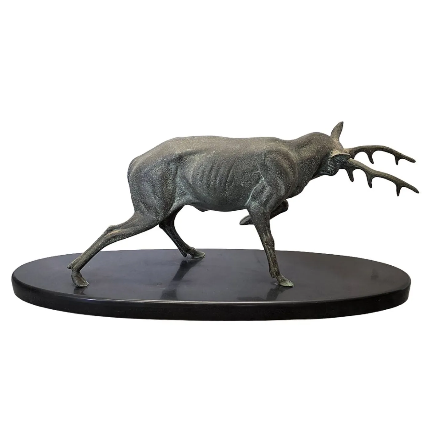 Irénée Rochard, Hirsch Skulptur auf Marmorsockel, 1920er, Metall und Marmor