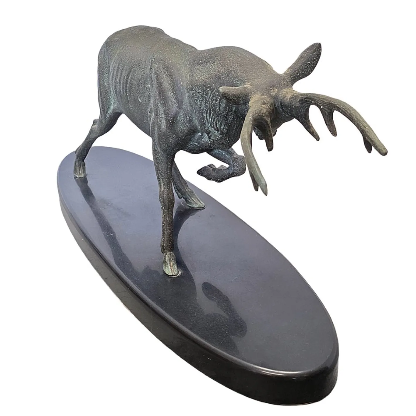 Irénée Rochard, Hirsch Skulptur auf Marmorsockel, 1920er, Metall und Marmor