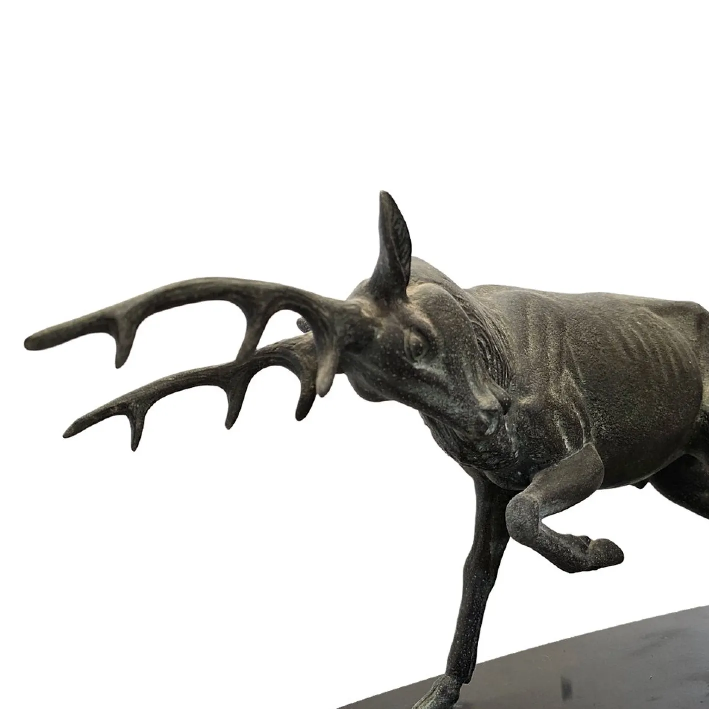 Irénée Rochard, Hirsch Skulptur auf Marmorsockel, 1920er, Metall und Marmor