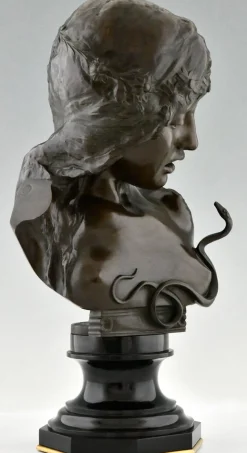 Isidore De Rudder, Jugendstil Kleopatra Büste mit Schlange, 1900, Bronze & Marmor