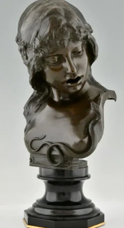 Isidore De Rudder, Jugendstil Kleopatra Büste mit Schlange, 1900, Bronze & Marmor